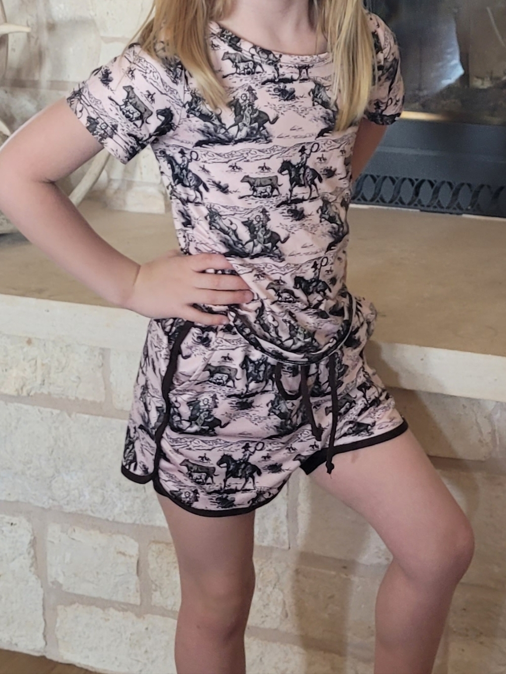 Girls Pink Toile Print Western Horse Print Short Set